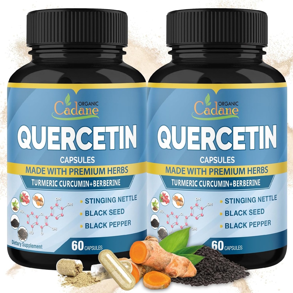 Biologische Cadane 2 Packs Quercetine Supplementen Capsules, 6in1 met Kurkuma, Berberine, Stinging Nettle, Black Seed, Black Pepper - Ondersteunt Immuun Systeem - 4 Maanden Levering