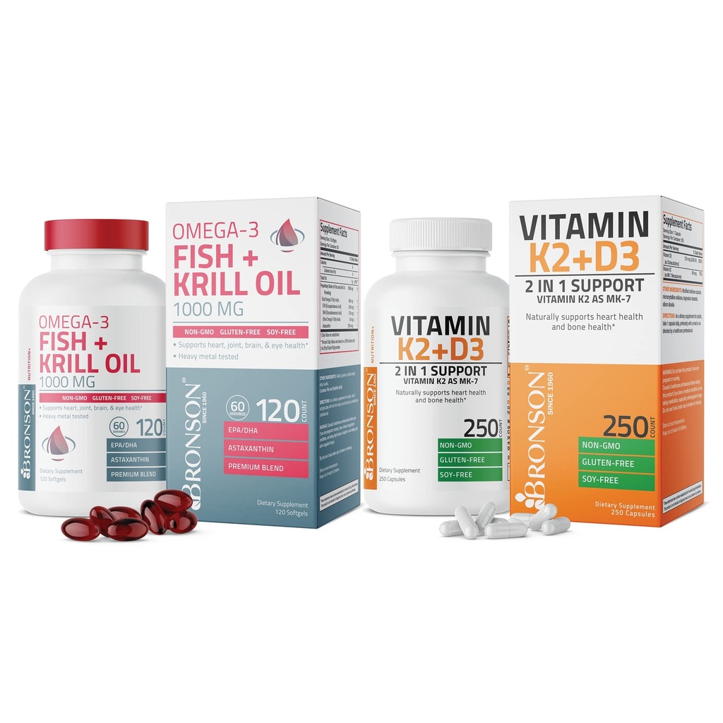 Bronson Vitamine K2 (MK7) met D3 Supplement Omega-3 Vis + Krill Oil 1000 MG