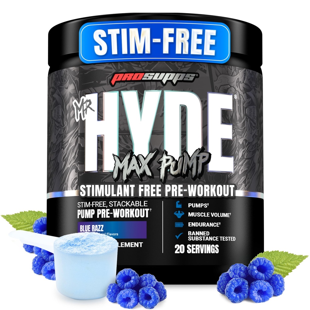 ProSupps Mr. Hyde Max Pump Pre Workout Powder - Stim-Free Preworkout Ondersteunt Blood Flow, Muscle Volume & Endurance - Cafeine-Free Nitric Oxide Gym & Fitness Supplementen (Blauwe Razz, 20 Servers)