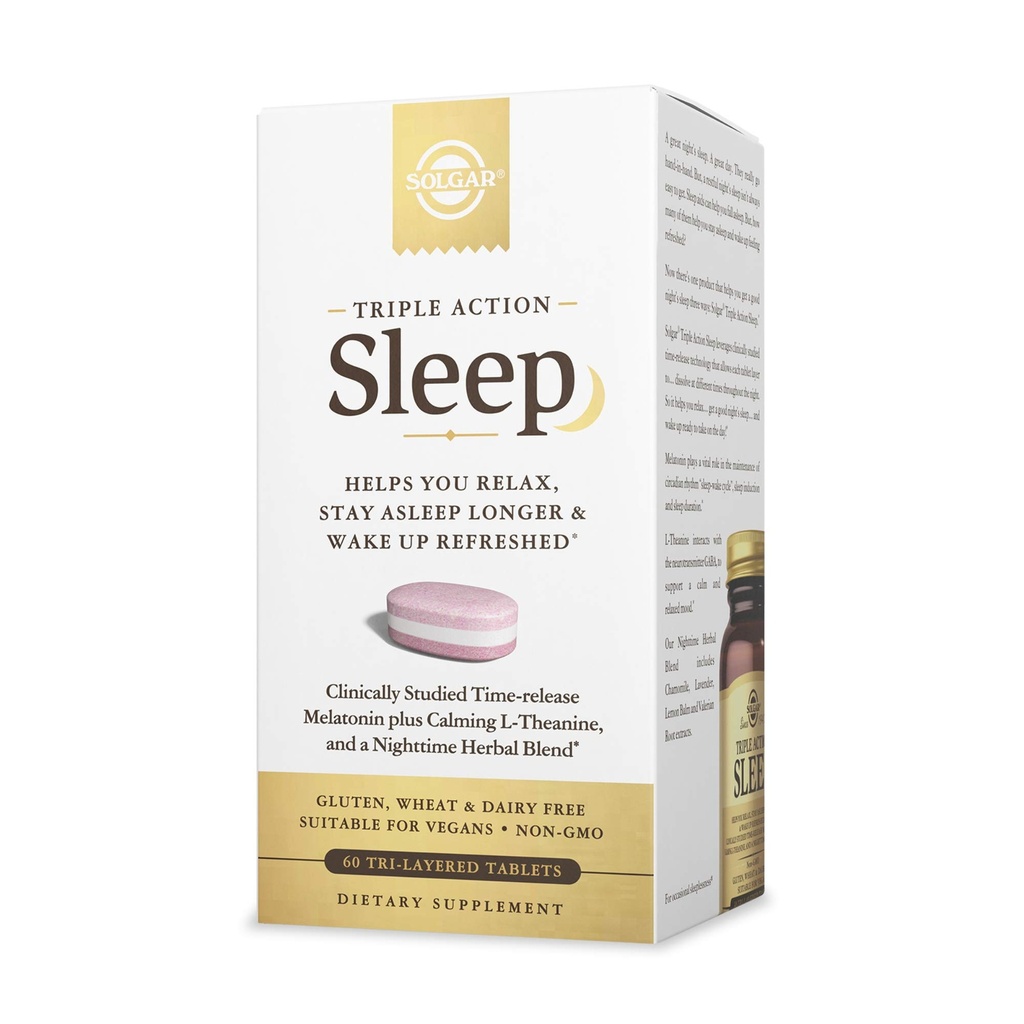 Solgar Triple Action Sleep, 60 Tri-Layer Tablets - Time-Release Melatonine & L-Theanine Plus Herbal Blend - Helpt je ontspannen, slaapt snel en blijft langer slapen - Non-GMO, Glutenvrij - 60 porties