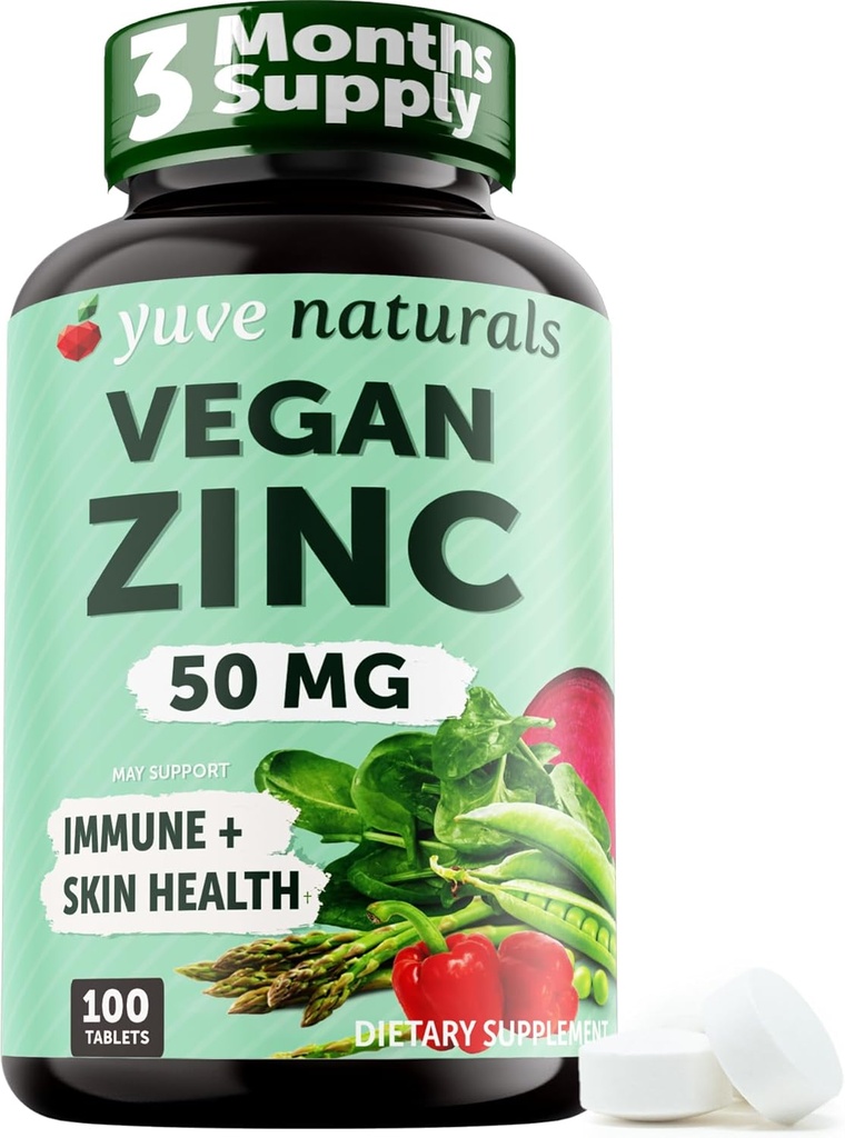 Yuve Naturals Vegan Zink 50 mg - Zink Gluconaat voor Immuun en huidondersteuning - Glutenvrij, Niet GGO, Plant Based - 100 Makkelijk om tabletten door te slikken