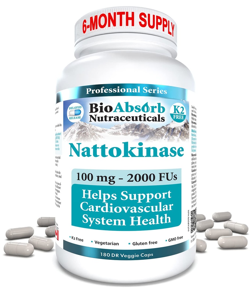 Bio Absorb Nattokinase Supplement. 100 mg, 2000 FUs. 6-maand levering. Non-GMO Natto Extract Enzyme (180 Veggie Caps)
