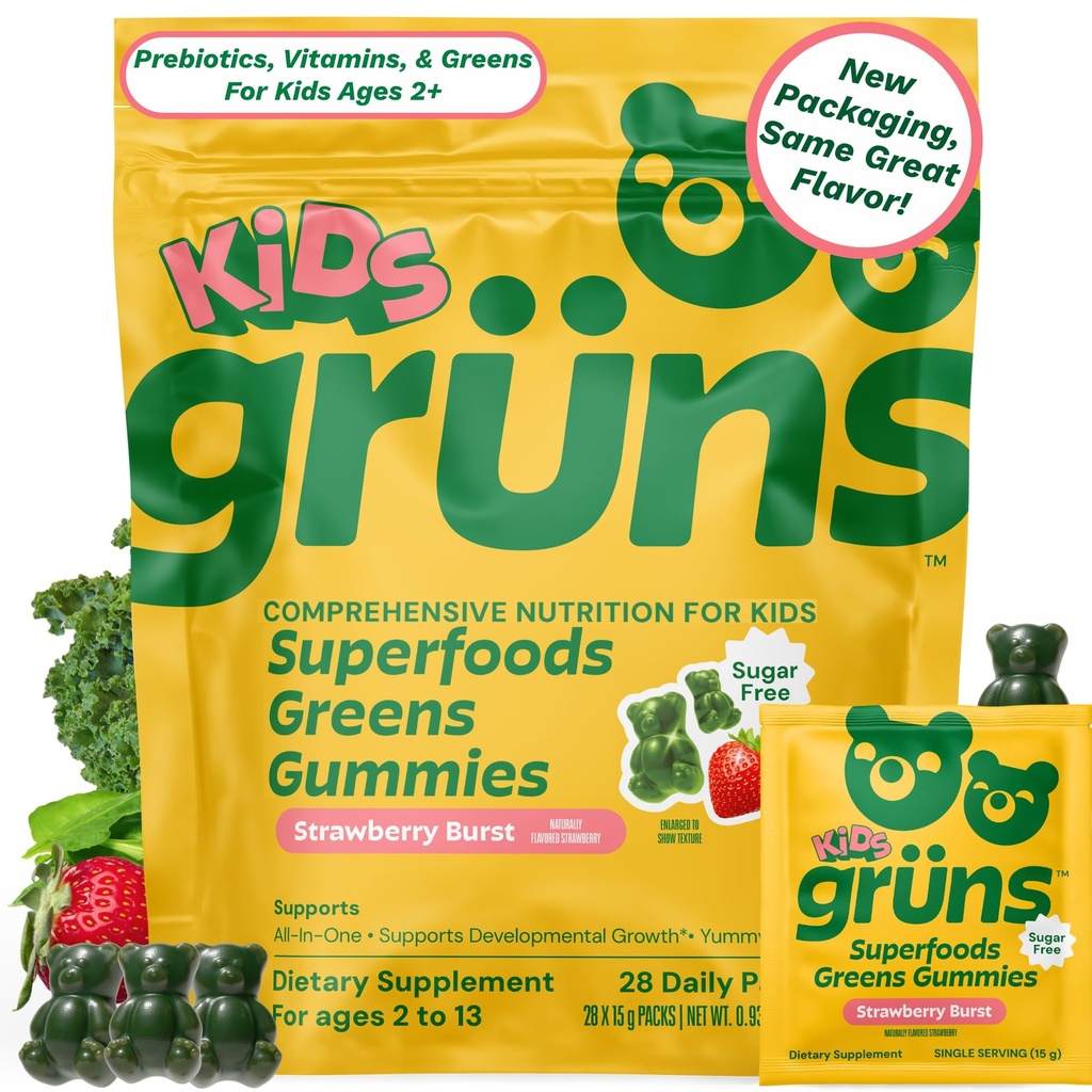 Gruns Kids Vitaminen, Super Greens Gummy's, Sugar-Free Superfood Gummy Bears met Spirulina, Chlorella, Prebiotica Vezel voor de spijsvertering gezondheid, Adaptogens Supplement, 20 Vitaminen & Minerals, 28 dagen Pack