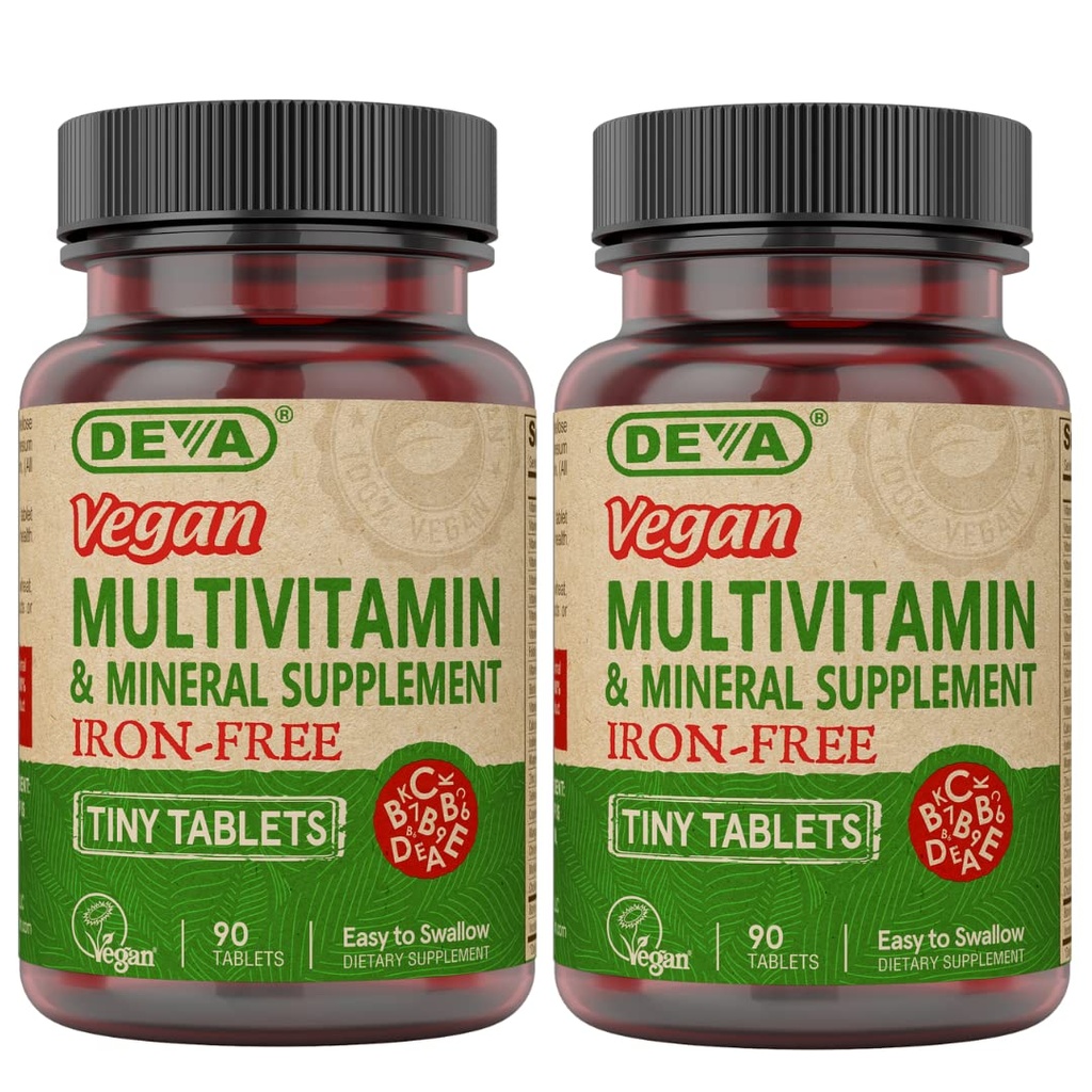 DEVA Vegan Iron-Free Multivitamin & Mineral Supplement 2-Pack, Vitamin C, D2, E & B-Complex, Biotin, 90 Tiny Tablets Each