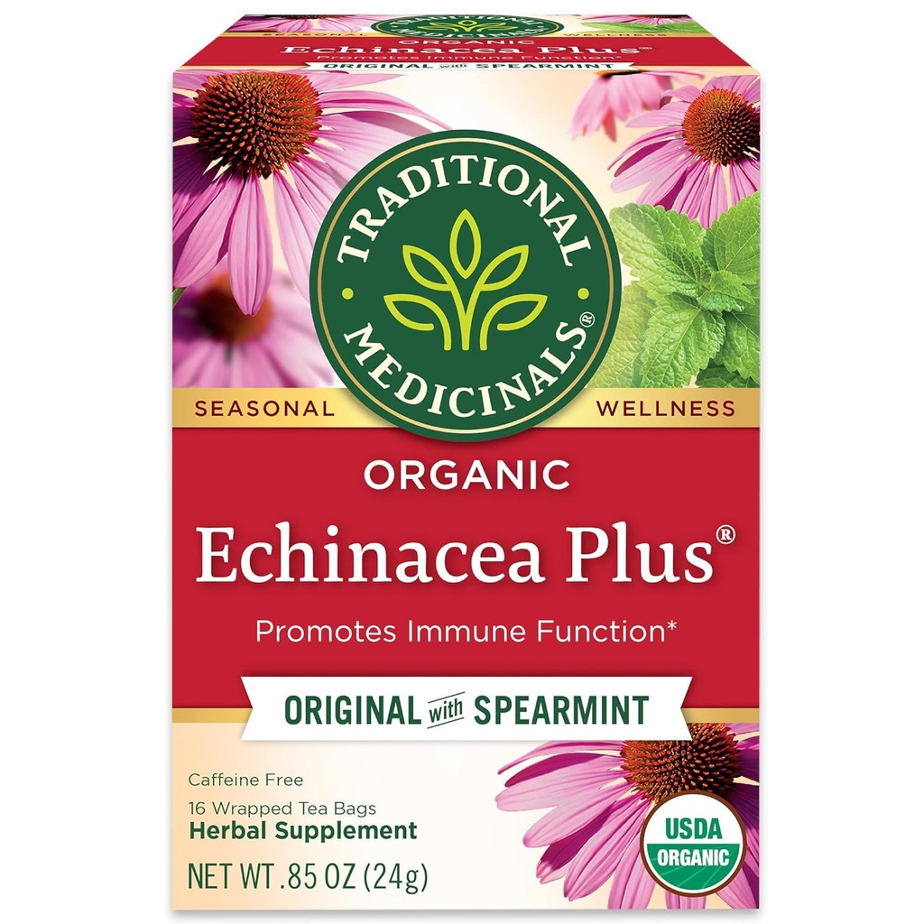 Traditionele Medicijnen Biologische Echinacea Plus met Spearmint Kruidenthee, bevordert Immuunfunctie, (zak van 1) - 16 Theezakjes