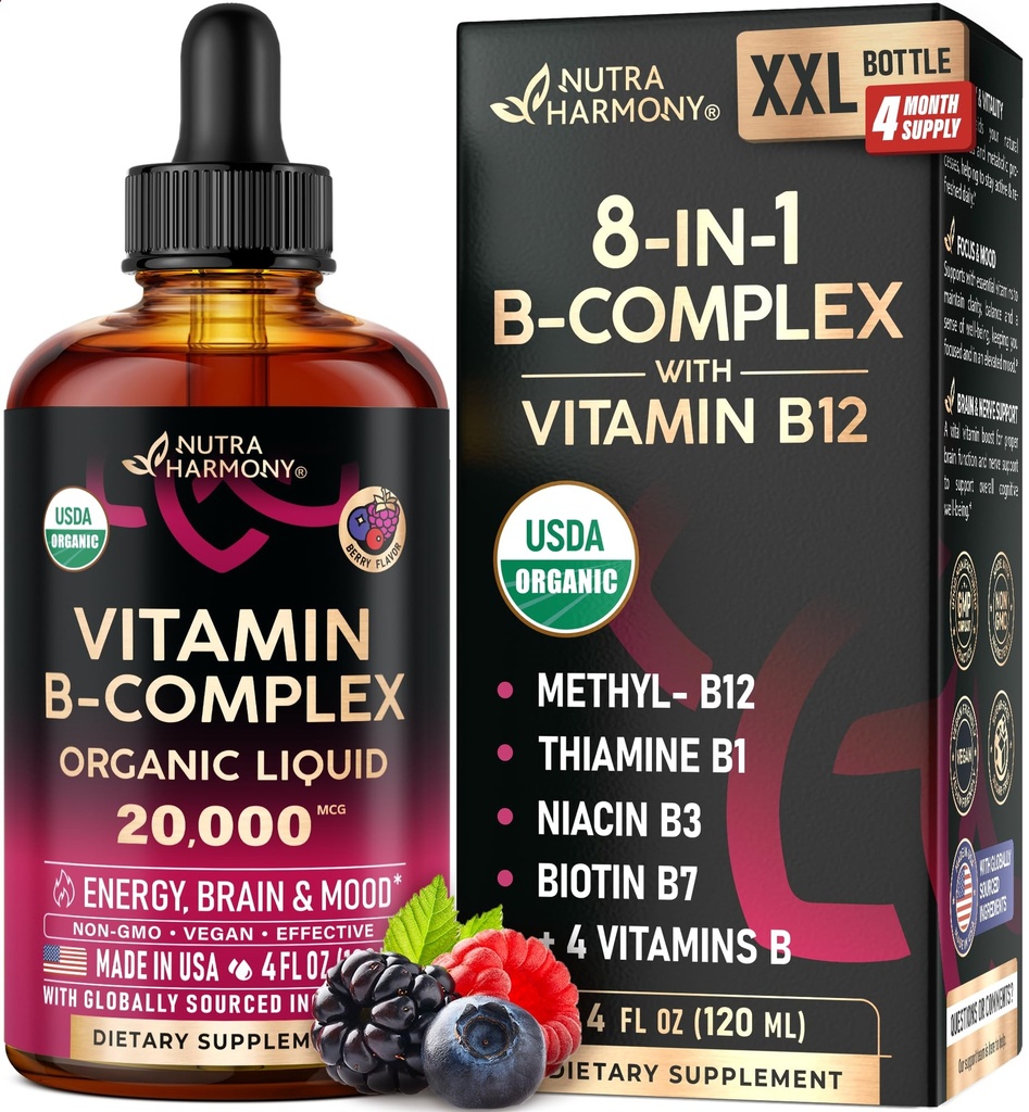 USDA Biologische Vitamine B-complex B5 Pantotheenzuur B12 Methylcobalamine B1 Thiamine B6 Pyridoxine B7 Biotine B9 Folic B3 Niacinamide - B Complex Liquid Drops, Made in USA Supplement, 4fl oz