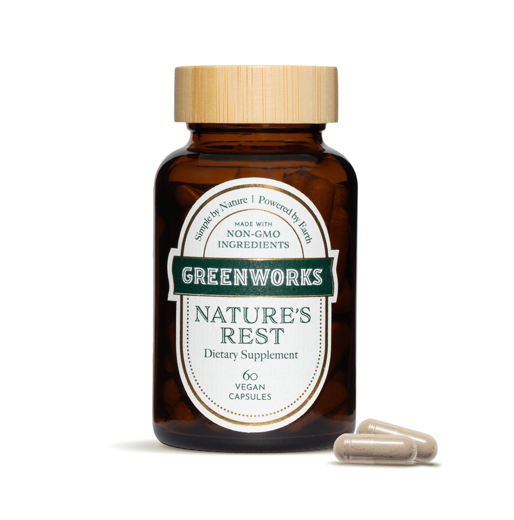 Greenworks Nature's Rest Melatonine Free Sleep Aid - Organic Herbal Supplement with Ashwagandha & Valerian Root - Vegan Capsules, 60 Tel.