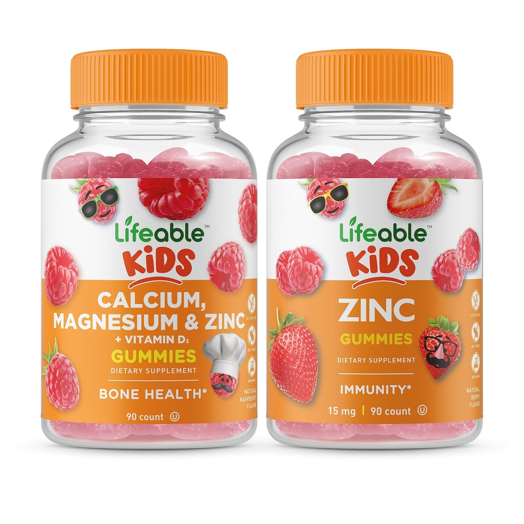 Calcium Lifeable Magnésium & Zinc Kids + Zinc Kids, Gommies Bundle - Grande dégustation, supplément de vitamine, sans gluten, sans OGM, gommy à croquer