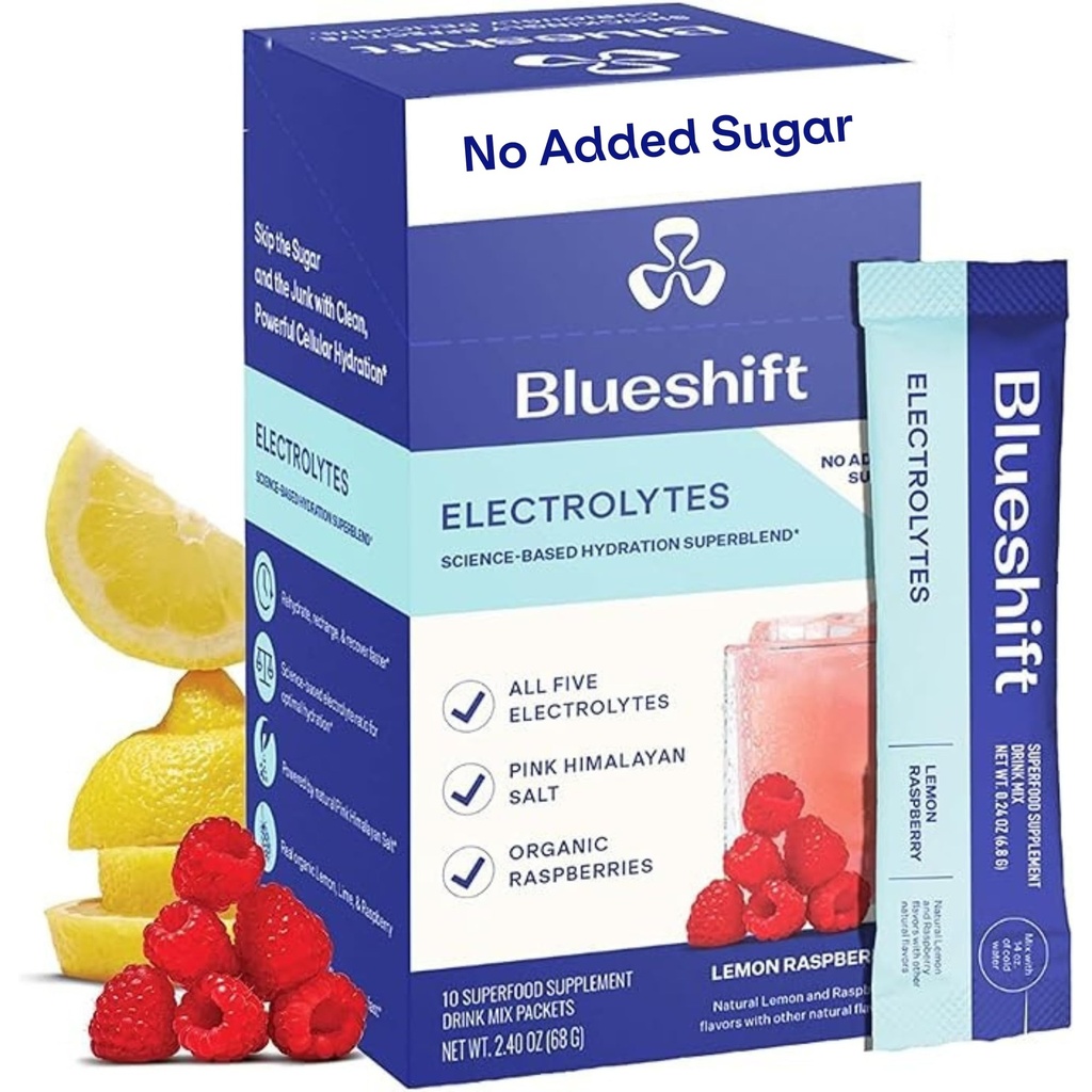 Blueshift Elektrolyten - Natuurlijke Elektrolyten Poeder Paketten, Biologische Hydratatie Paketten, Electrolyte Drink Mix Sticks zonder suiker, Single Serve Pack - Citroen Raspberry Smaak, Poeder Sticks (10 Pack)