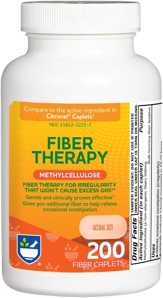 Rite Aid Fiber Therapy Oplosbare vezel Supplement 200 Caplets, 500 mg Methylcellulose, Laxatives voor Constipatie, Fiber pillen voor volwassenen