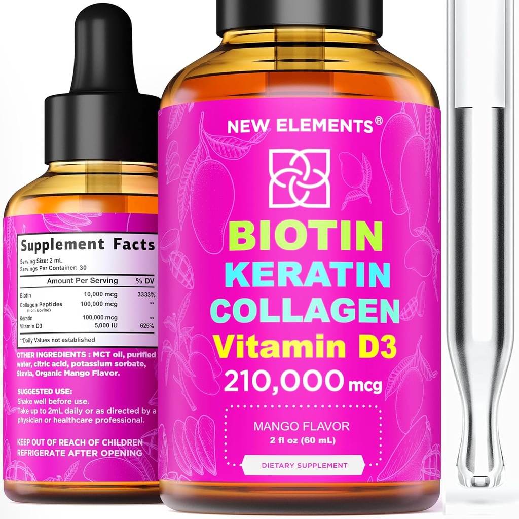 Liquid Biotin Keratine Collagen Peptiden & Vitamine D3 voor haargroei MCT oliedruppels 210.000mcg 
