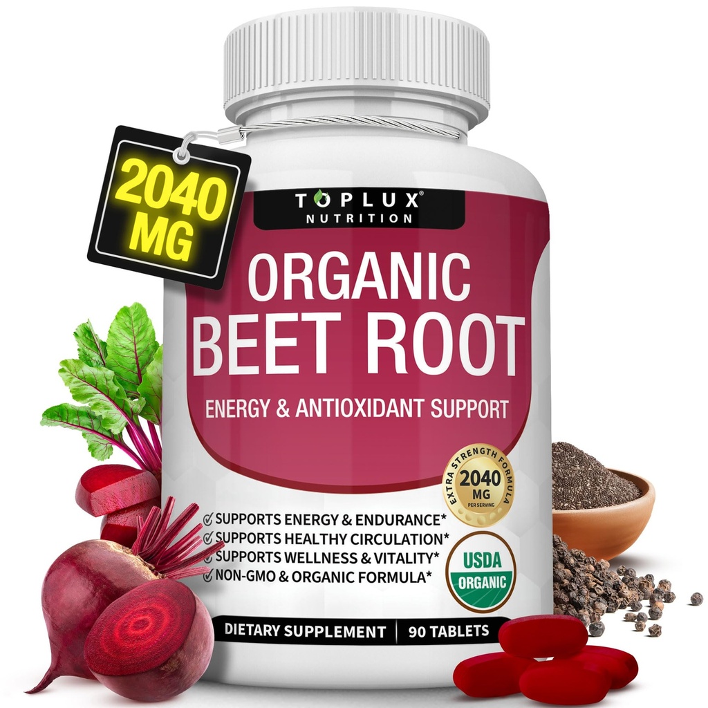 Biologische Beetwortelpoeder tabletten - 2040mg Natural Nitric Oxide Beets to Support, Energy, Black Pepper Better Absorptie, Non-GMO, for Men Women, 90 Tablets