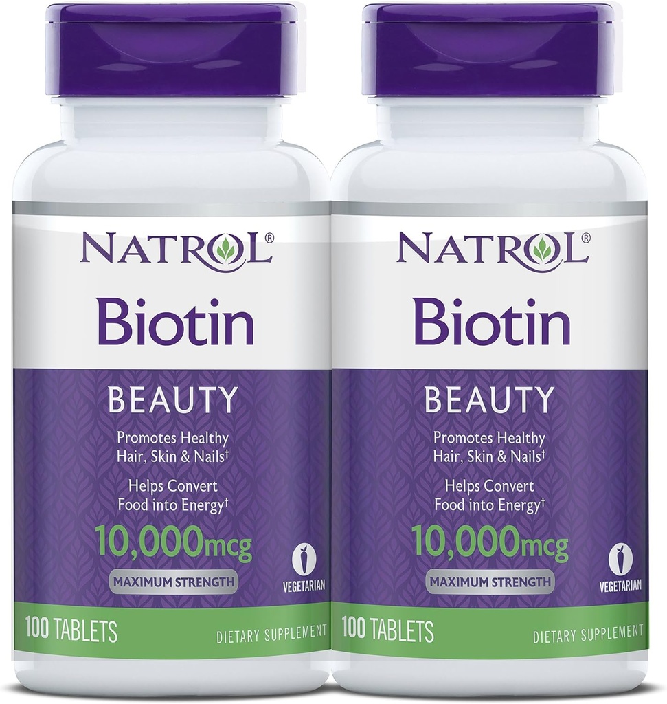 Natrol Biotin Beauty Tablets, bevordert gezond haar, huid en nagels, helpt bij het ondersteunen van energie Metabolisme, helpt bij het omzetten van voedsel in energie, maximale sterkte, 10.000 mcg, 100 Tellen (pakket van 2)