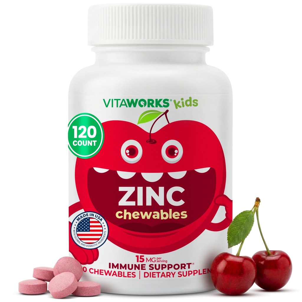 Kids Zink 15mg Kauwtabletten - Natuurlijke kersensmaak - Veganistisch, Vegetarisch, GGO-vrij, Glutenvrij, Nootvrije Vitaminen - Dieetsupplement voor Immune Ondersteuning - voor kinderen - 120 Kauwtabletten