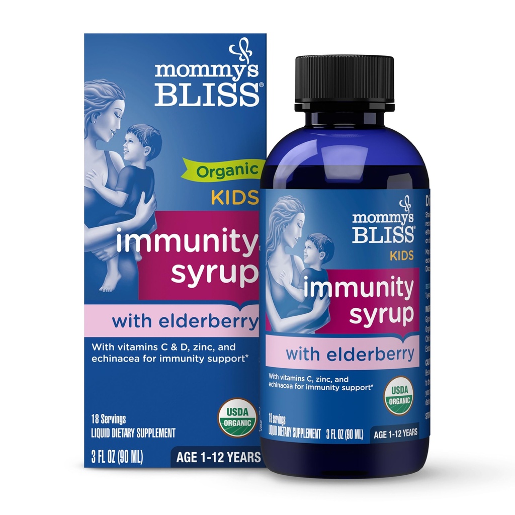 Mama's Gelukzaligheid Biologische Vlierbes Siroop & Immuniteit Boost Met Vitaminen, Prebiotica & Echinacea voor Kids & Adults 1 yr+, 3 Fl Oz