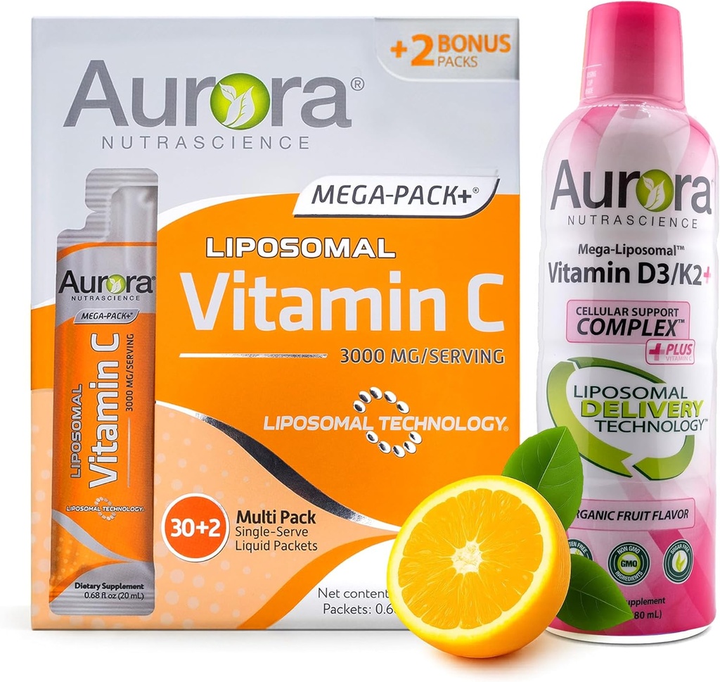 Aurora Nutrascience Mega Liposomal Vitamine C 32 Pack + Vitamine D3/K2 Bottle Bundle - Supplement for Immune Support & Cognitive Health - 32 Servings Each