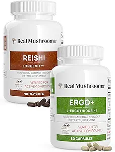 Véritables champignons Ergothioneine (60ct) et Reishi 415 (90ct) Ensemble avec extraits de champignons Shiitake et Oyster - Longévité et relaxation - Vegan, sans gluten, non-OGM - Soutien naturel au vieillissement en santé