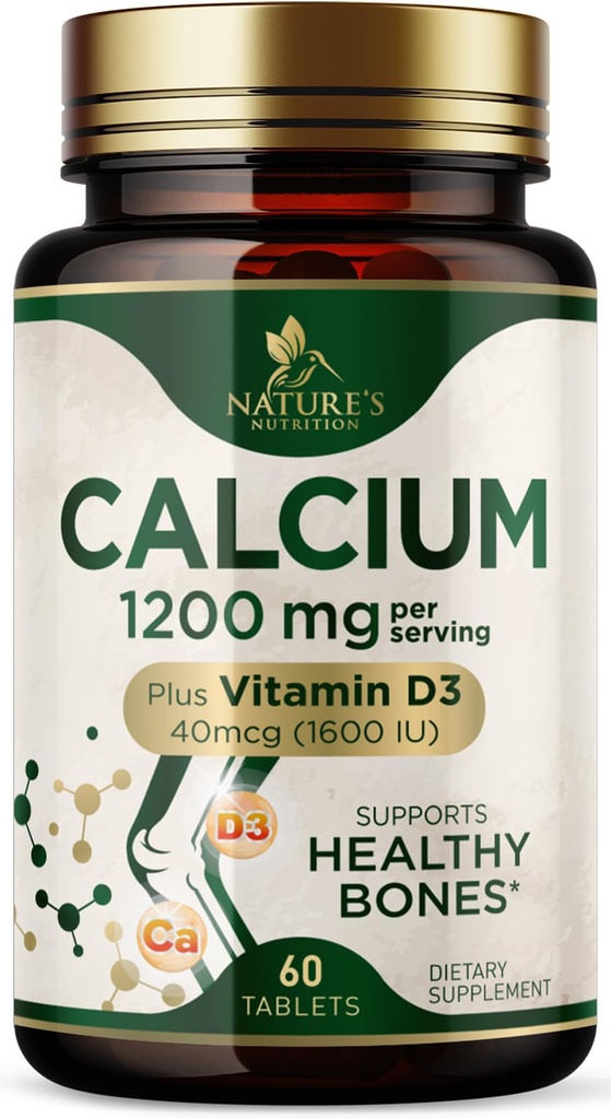 Calcium 1200 mg met vitamine D3 - Bone Health Supplement, Vitamine D & Calcium Supplementen voor vrouwen en mannen - Botsterkte, Tanden & Immuun Ondersteuning, Nature's Calcium Pillen, gebotteld in de VS - 60 tabletten
