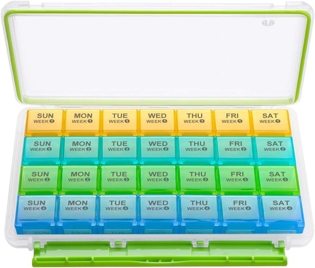 BUG HULL Monthly Pill Organizer, Moisture-Proof Large 28 Days Pill Box with Removable 4 Weeks Pill Case Rows, Medicine Pill Organizer, Travel Pills Organizer with One Month Pill Container for Vitamin