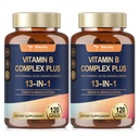 13-in-1 Vitamine B Complex Plus met vitamine B1, B2, B3 (Niacine), B4, B5, B6, B7 (Biotine), B8 (Inositol), B9 (Folaat), B12, C, D3, K2 voor energie, Zenuw, Immune, Huid - 120 Caps per fles - 2 flessen