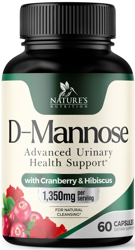 Supplément D-Mannose 1 350 mg avec Cranberry & Hibiscus - Efficace Fast-Acting, Flush Les impuretés pour la vésicule naturelle, le soutien de la santé urinaire, pour les femmes et les hommes, non OGM, végétalien, 60 capsules