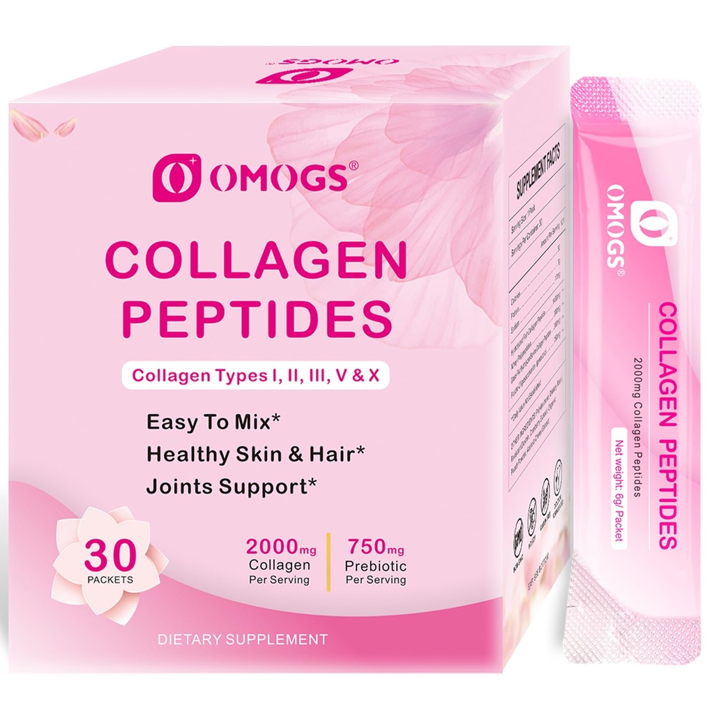 OMOGS Collagen Peptides Poudre, avec Prébiotiques et Extrait de canneberge -Hydrolyzed Collagen Peptides support cheveux, peau, ongles, os et santé digestive, herbacé, non-OGM, pour femmes et hommes