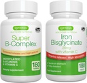 Super B-Complexe et haute absorption Bisglycinate de fer 20mg avec vitamine C, ensemble végétalien, libération prolongée Méthylée complexe B et doux de fer un par jour avec libération ciblée, par Igennus