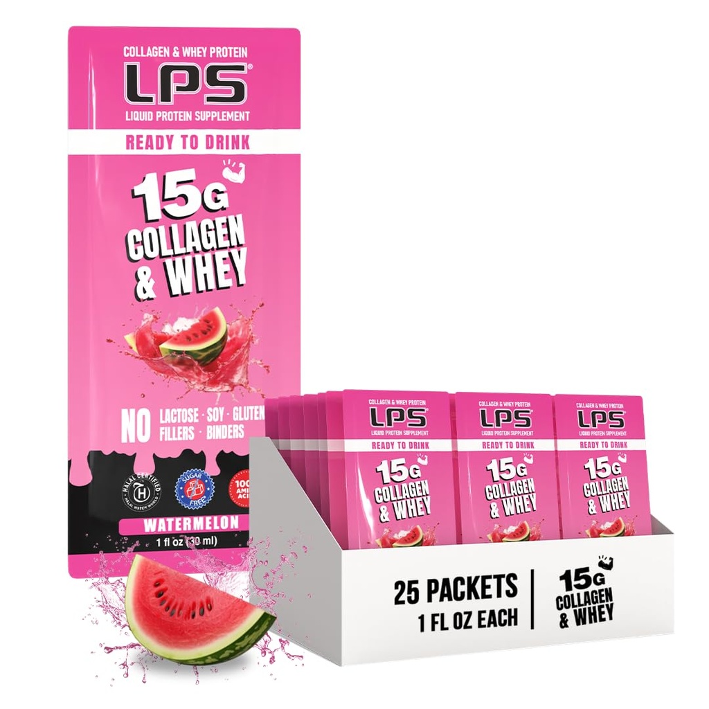 Voedingsdesigns LPS Liquid Collageen & Whey Protein Supplement - Non-GMO Drink, Sugar-Free - bevordert gezonde huid en haar voor mannen en vrouwen, Watermeloen, Single Serve (25 Packets)