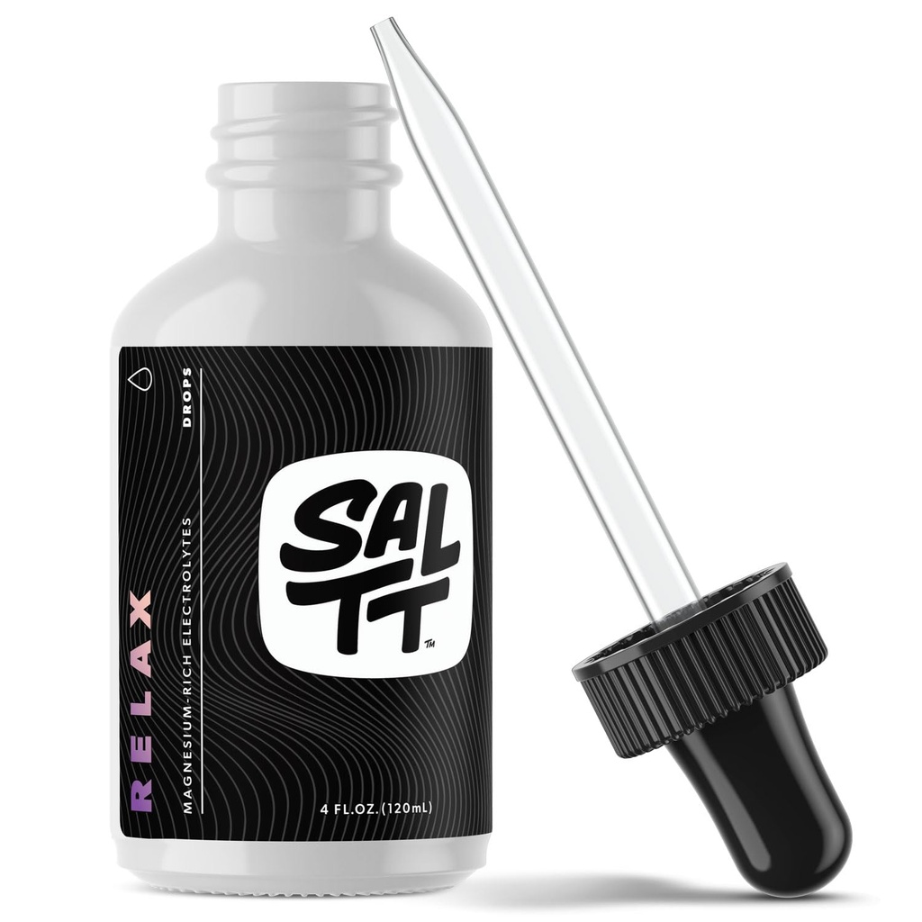 SALTT Relax Magnesiumdruppels - Ionische Magnesiumchloride w/Sodium, Kalium, Elektrolyten - Trace Minerals Drops - Glutenvrij, Suikervrij, Keto Vriendelijk - uit Utah's Great Salt Lake - 120ml Dropper