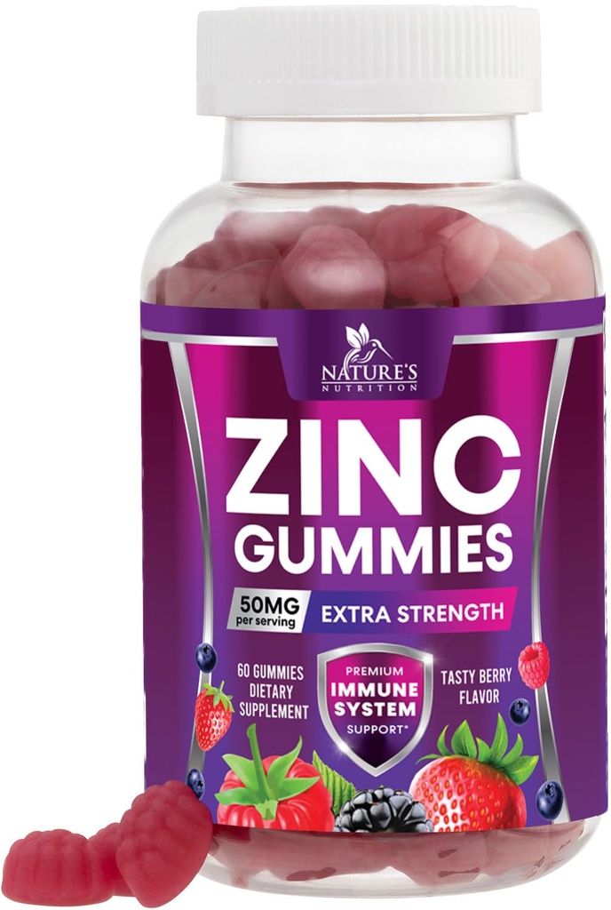 Zink Gummies 50mg - Bone Skin & Immune Support Health Gummy & Premium Antioxidant Kauwbaar voor volwassenen - Hoge Absorptie Veganistisch, Glutenvrije Zinksupplementen Vitamine - Smakelijke Berry Smaak - 60 Gummies