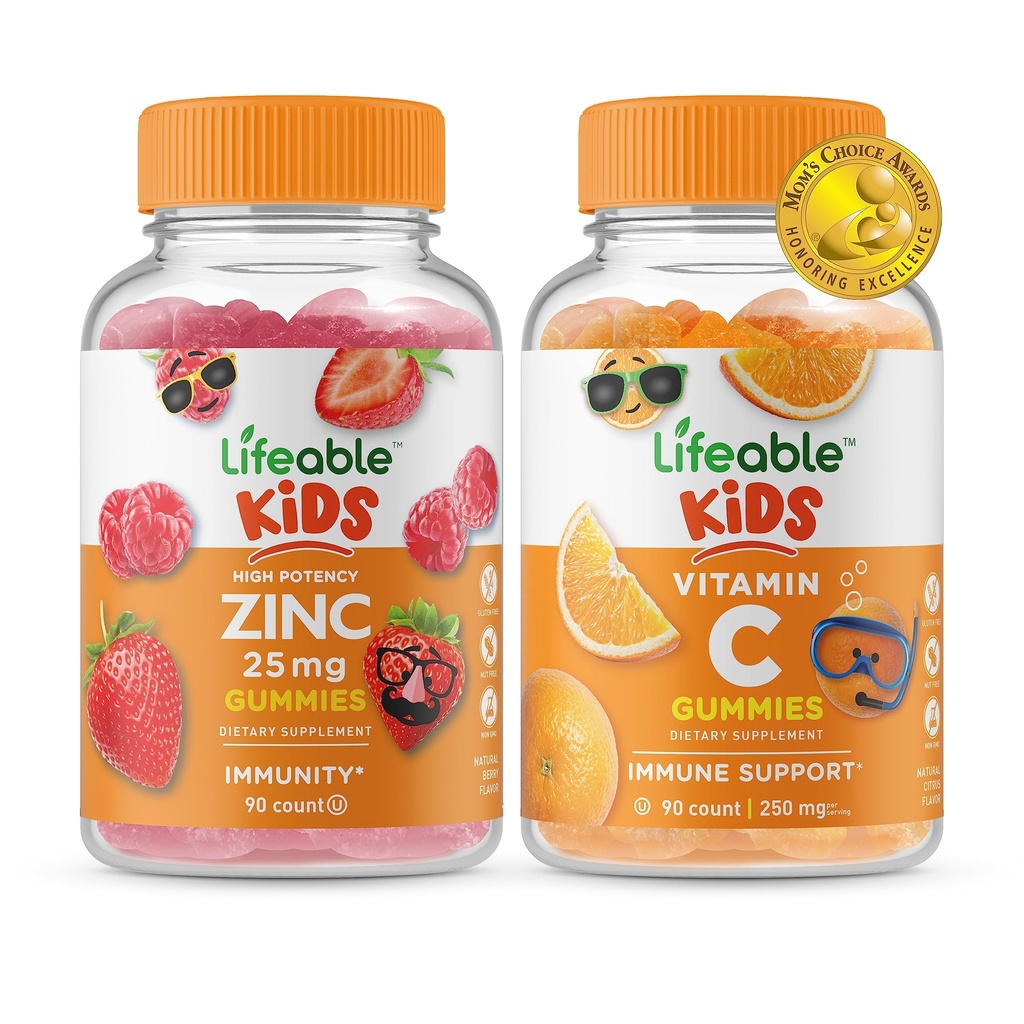 Levensbaar Zink 25mg Kids + Vitamine C Kids, Gummies Bundle - Grote Proeverij, Vitamine Supplement, Glutenvrij, GGO-vrij, Kauwgom