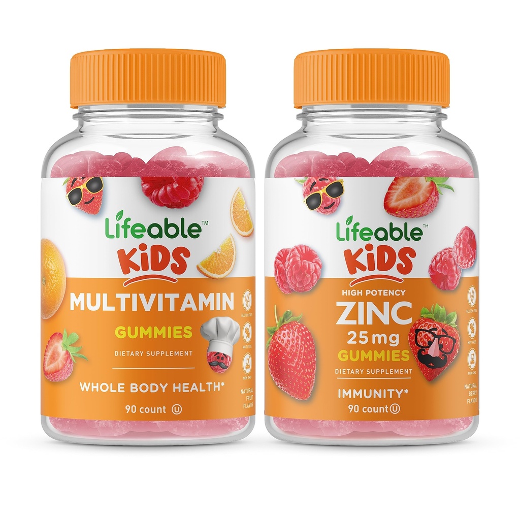 Multivitamine Lifeable Enfants + Zinc 25mg Enfants, Gummies Bundle - Grande dégustation, supplément de vitamine, sans gluten, sans OGM, gummy à croquer
