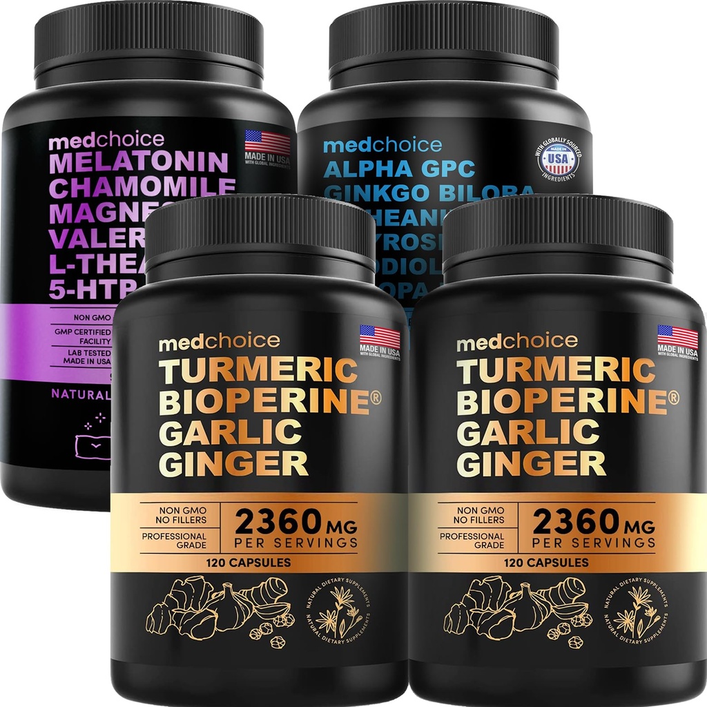MEDCHOICE Kurkuma & Gember (240ct), Slaap Melatonine (90ct) en Nootropic Brain (60ct) Supplement Bundle - Wellness Trio voor Hersenen, Slapen, & Immune Support - Veganistisch, Non-GMO, Glutenvrij