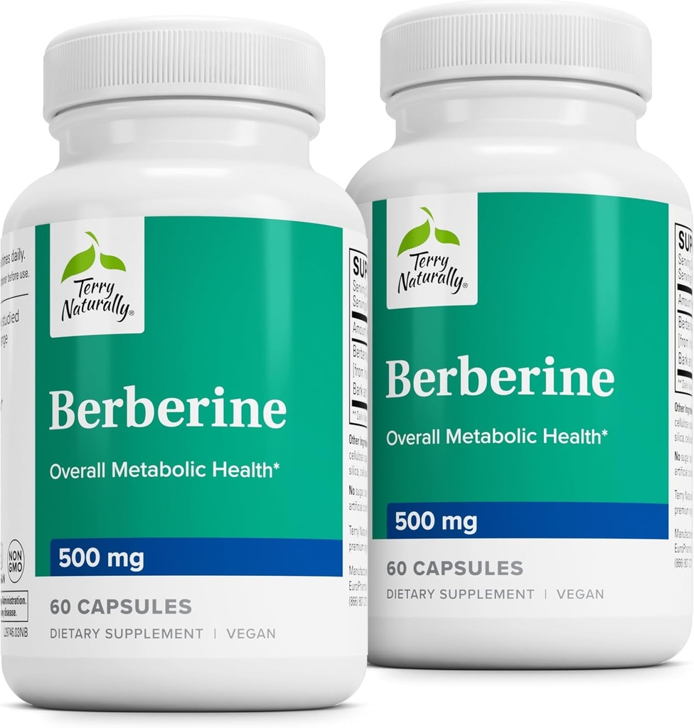 Terry Naturally Berberine - Dietary Supplement with Berberine - Liver Health Supplement for Metabolism Support - Joint Health Support for Men & Women - 60 Capsules (Pack of 2)