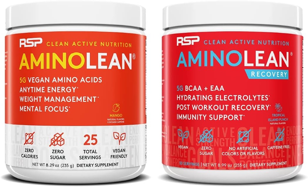 RSP NUTRITION Vegan AminoLean Pre Workout Energy (Mango 25 Servings) met AminoLean Recovery Post Workout Boost (Tropical Island Punch 30 Servers)