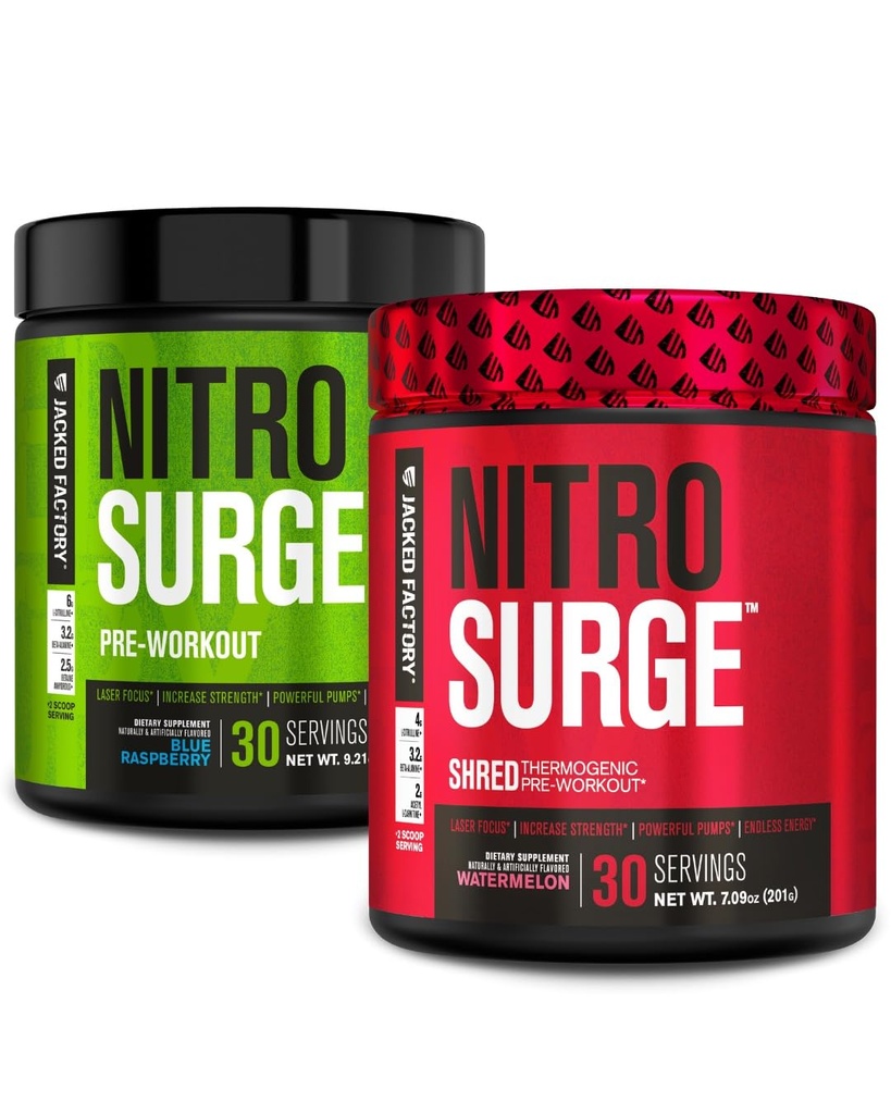 Ge Jacked Factory Nitrosurge Pre-workout in Blue Raspberry & Watermeloen Nitrosurge Shred Thermogenic Pre-workout voor mannen & vrouwen
