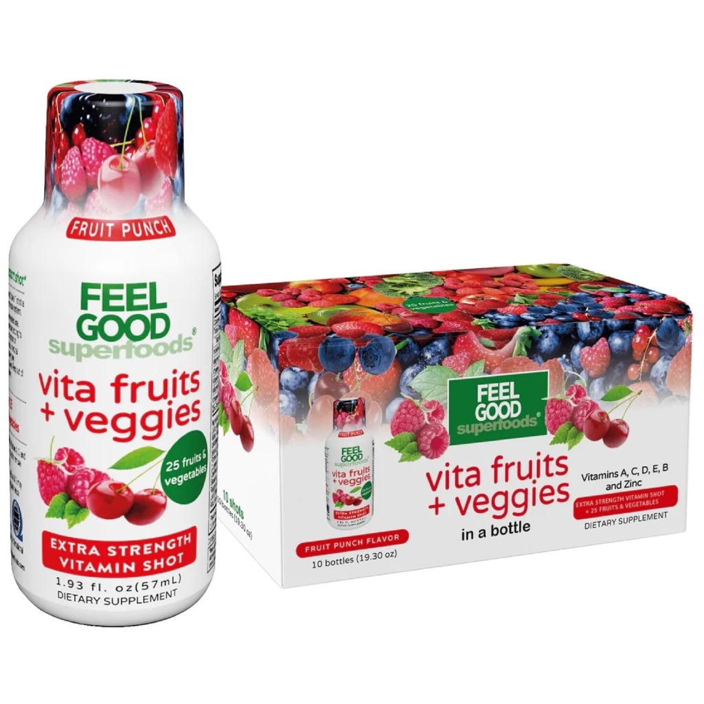 FeelGood Superfoods Vita Fruits et légumes Immune Support Suppléments de tir, Fruit Punch Flavor, Pack de 10 coups d'immunité, Système immunitaire Booster boisson faite avec 25 fruits et légumes biologiques
