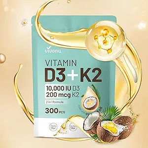 Vitamine D3 K2 10000 IE met MK-7-00 Virgin Coconut Oil Softgels, 2 in 1 Vitaminen D & K Complex 