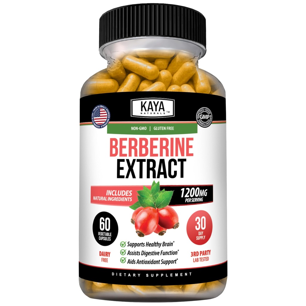 Kaya Naturals Berberine HCL Extract 1200mg - Immuunstelsel - Gluco niveaus - Gut Health (Vegetarische, niet-GMO & Glutenvrije) Berberine supplement (60 telling)