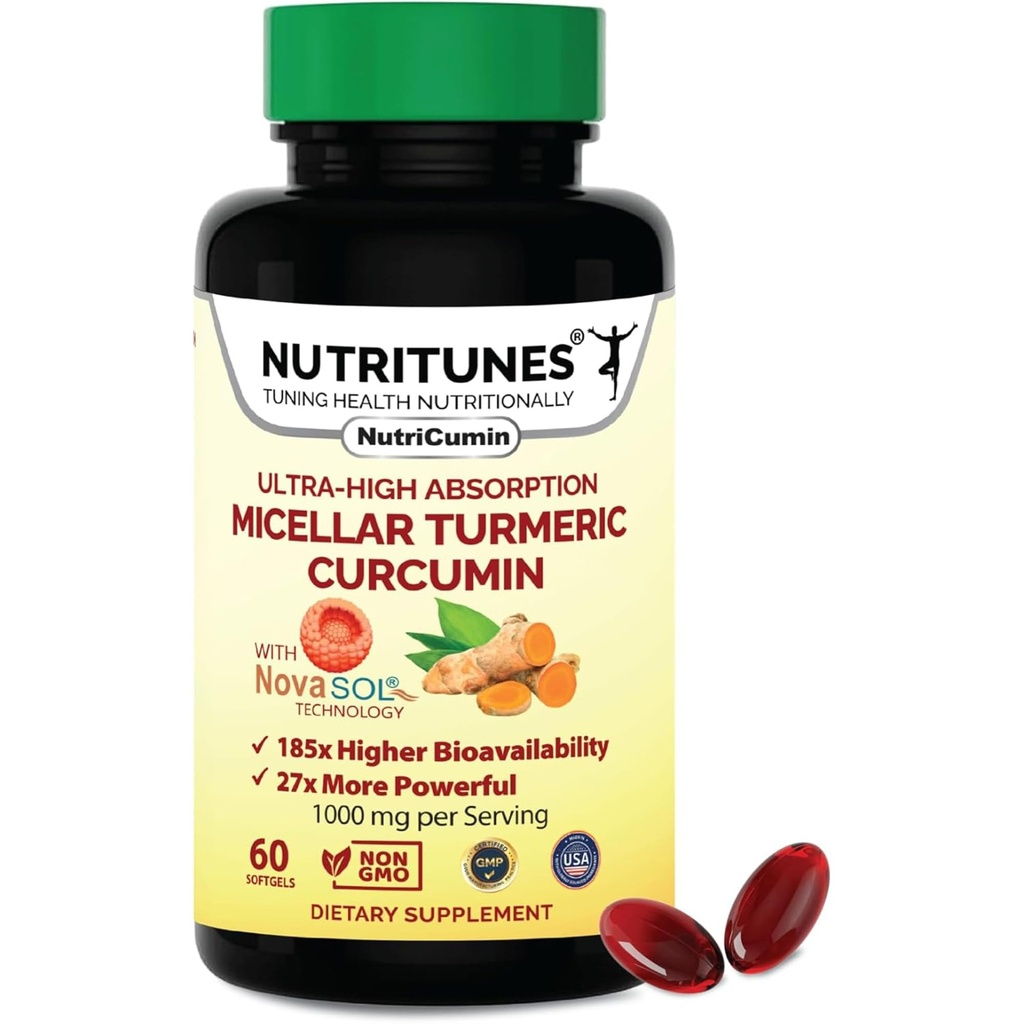 Kurkuma Curcumine Supplement 1000mg voor gezamenlijke ondersteuning-185x Biobeschikbaarheid en hoge absorptie met NovaSOL-technologie 60 NutriCumin Softgels
