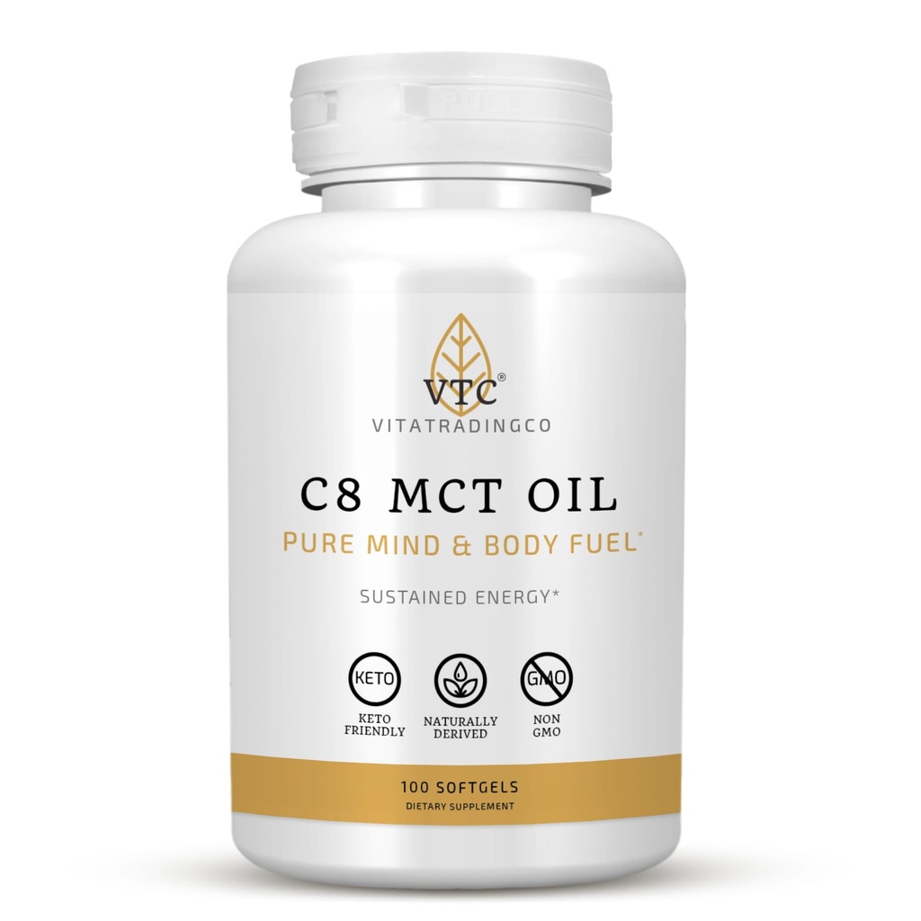 VTC VitaTradingCo. C8 MCT Oil Capsules | Naturally Derived Caprylic C8 Supplement | Coconut Oil Pills | Sustained Energy | Keto Friendly, Non GMO | 100 Softgels