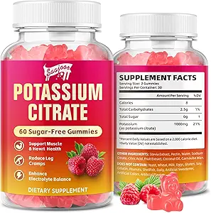 Citrate de potassium Gummies 1000mg, Supplément de potassium pour adultes femmes et hommes, soutien des crampes et de la santé musculaire, 60 comte