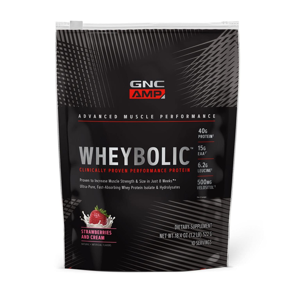 GNC AMP Wheybolic Klinisch Proven Proteïne Poeder, 40g Wei Proteïne, BCAA, Leucine, verhoogt spierkracht, spieropbouw, 3rd Party Tested, Glutenvrij, Aardbeien en crème, 10 porties