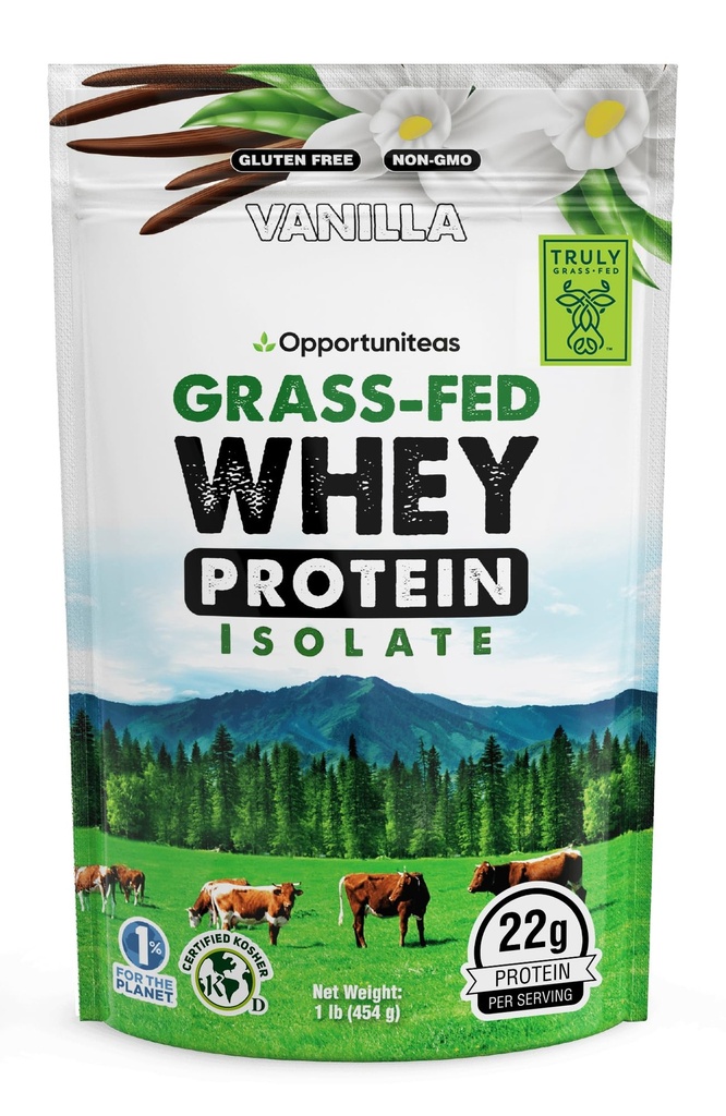 Opportuniteas Grass Fed Vanille Wei Proteine Isolaat Poeder - 22g Proteïnepoeder zonder kunstmatige zoetstoffen, Hormone-vrije koeien, Niet GGO - 1lb