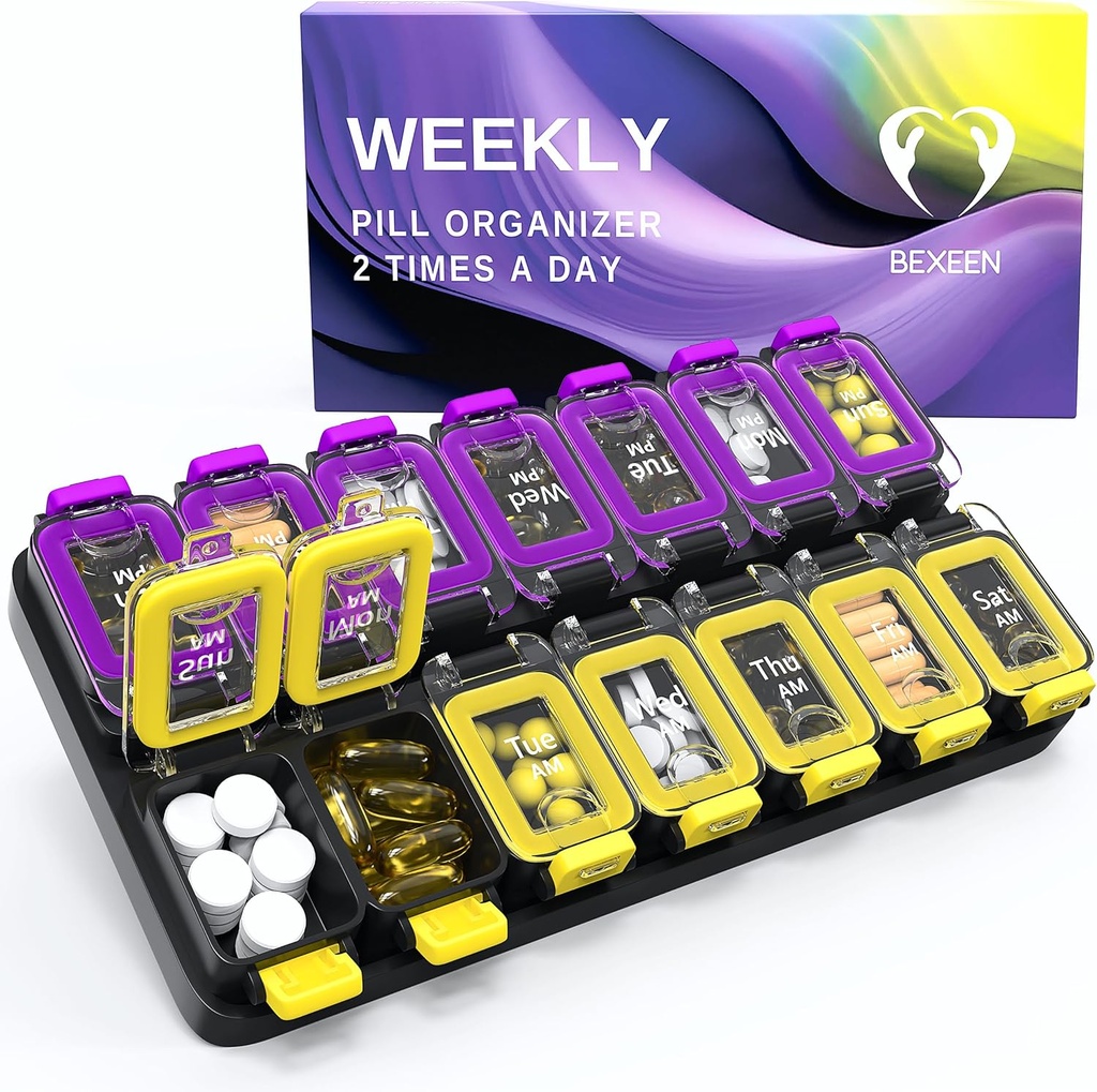 Extra Large Weekly pil Organizer 2 keer per dag - luchtdichte pil doos 7 dagen - Am Pm Vitamine geval - Medicine Container Twee weken supplement houder dagelijkse medicatie opslag tweemaal Med XL geel / paars
