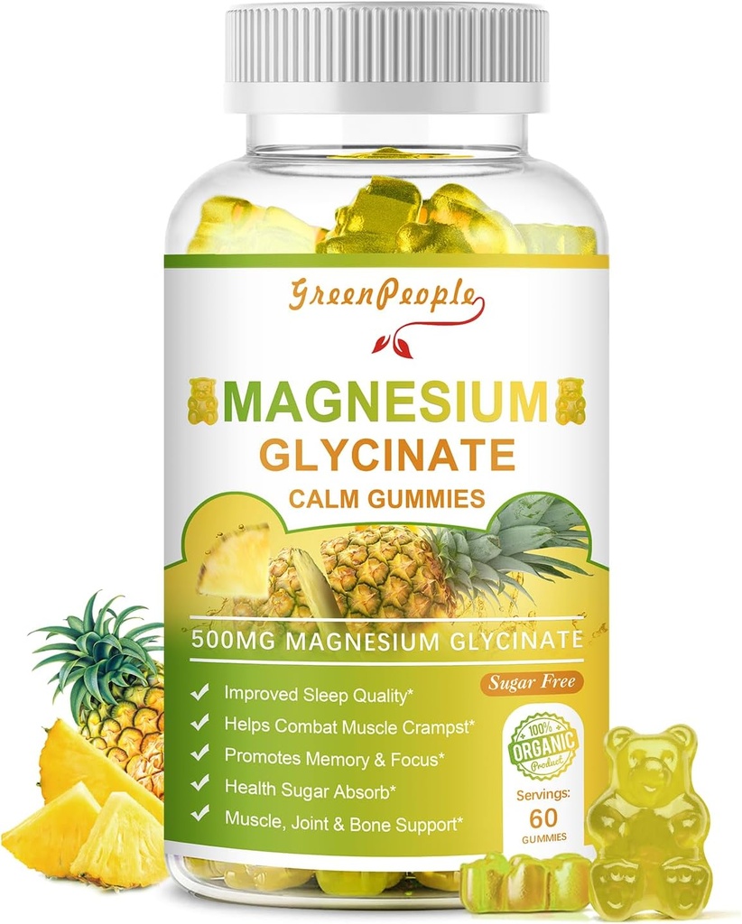 GROENPEOPLE Magnesium Glycineer Gummies met citraat 1000mg, Taurate & Matale - Suikervrij - Magnesium Kalium Supplement met Vitamine D, K2 voor Calm Mood & Zzz Ondersteuning - 60 Ananas Gummies