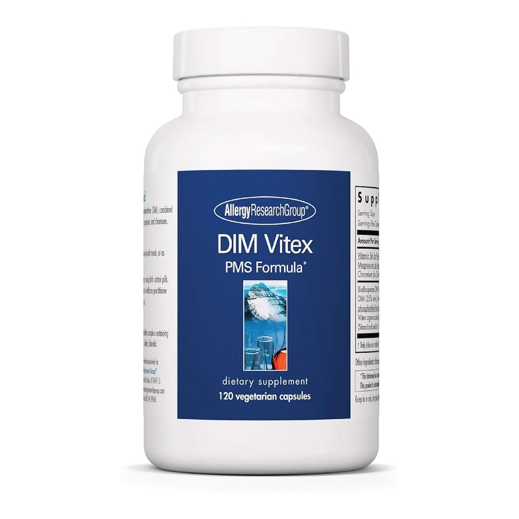 Groupe de recherche sur l'allergie Supplément Vitex DIM - Soutient l'équilibre hormonal sain et le cycle menstruel, la formule SPM, la vitamine B6, Hypoallergénique, Capsules végétariennes, Sans soja - 120 Compte