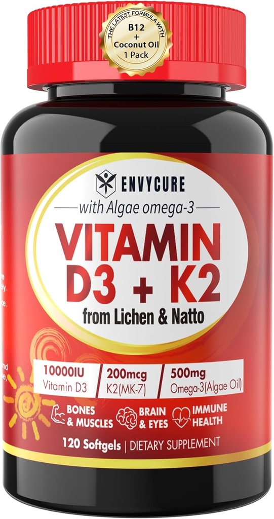 Plantaardige vitamine D3 K2 Supplement Softgel - Vit D3 10000 Iu + Vitamine K2 Mk7 200 Mcg, Algen Omega-3, Magnesium, Vitamine B12 Voor bot & spier, Immuunondersteuning, Max Absorptie, Gemakkelijk doorslikken 1pack