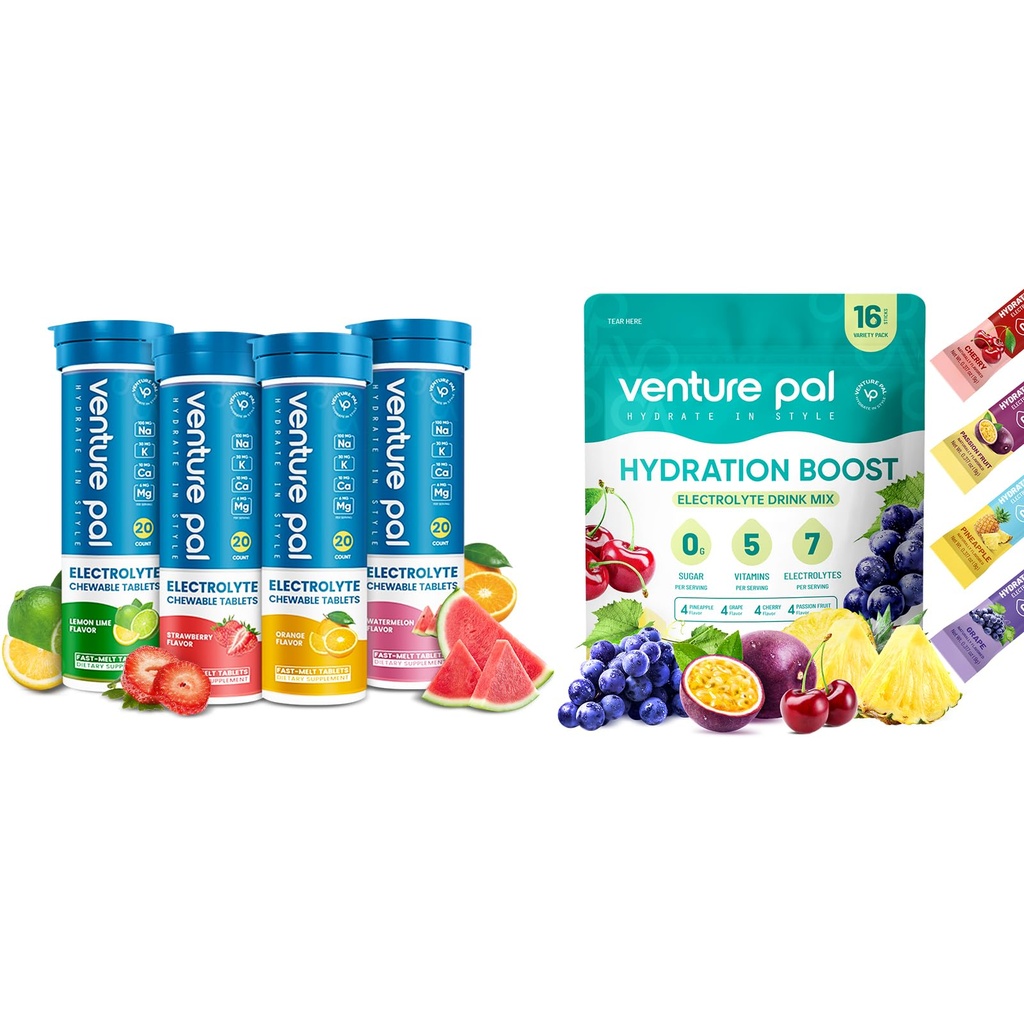 Venture Pal Sugar Free Electrolyte Powder Packets & Kauwbare Fast-Melt Electrolyte Tablets, Sport Electrolyte voor het lopen wandelen Fietsen Sports Nutrition...