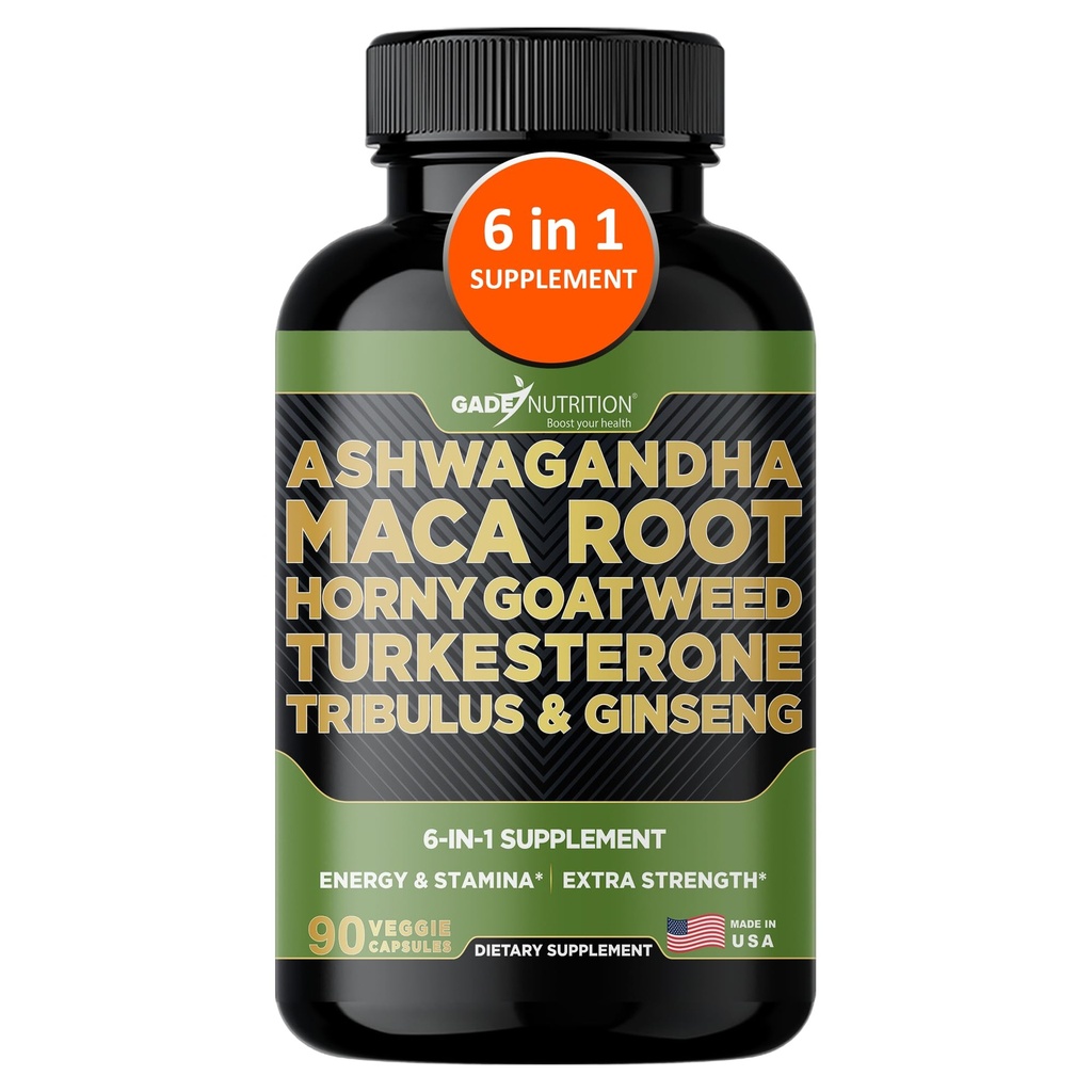 Gade Nutrition Ashwagandha met Maca Root, Horny Goat Weed, Turkesterone Supplement, Tribulus Terrestris, Panax Ginseng 